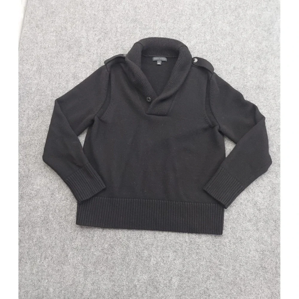 Banana Republic Sweater Mens Large Black 100% Wool Shawl Collar Pullover Grandpa